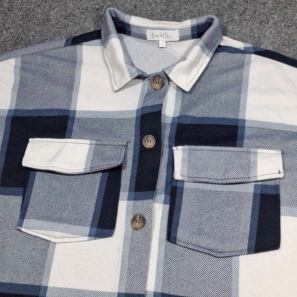 Eden & Olivia Blue Plaid Cropped Shacket Button Front Jacket Womens Large - Picture 6 of 12